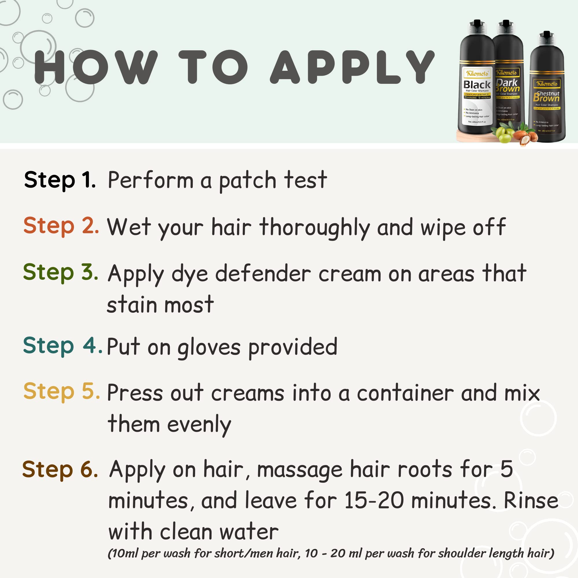 Kilomets BLACK Hair Dye Shampoo nourishes with natural oils for shinier hair.