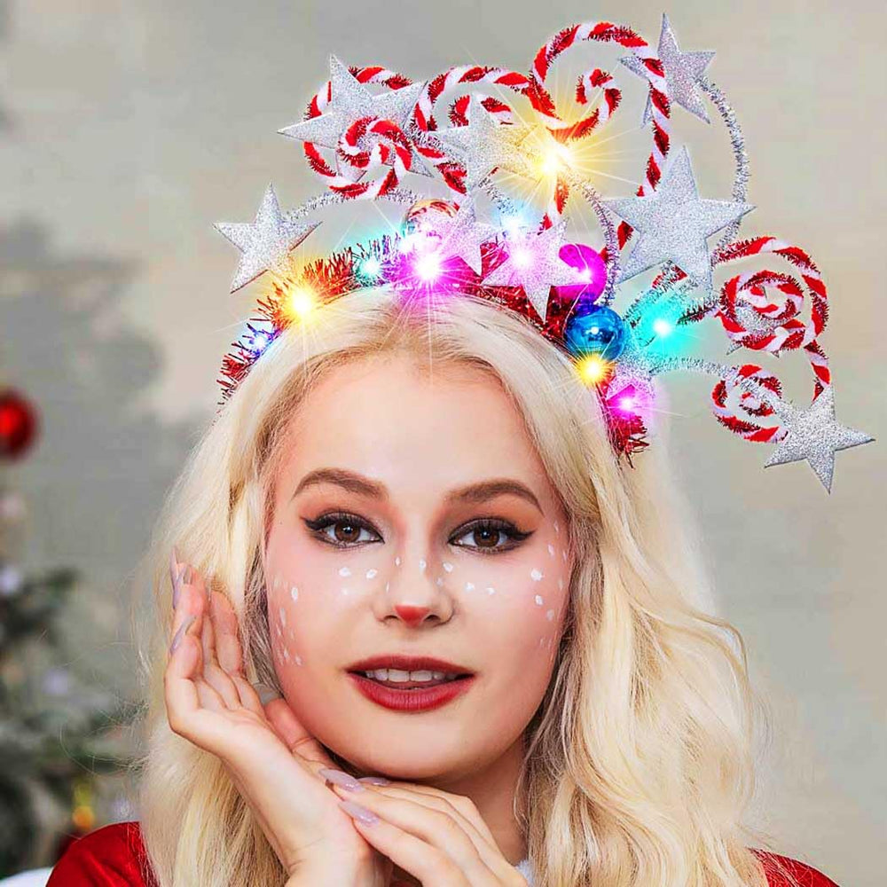 Kilshye light up star headband closeup highlights sparkling Christmas balls.