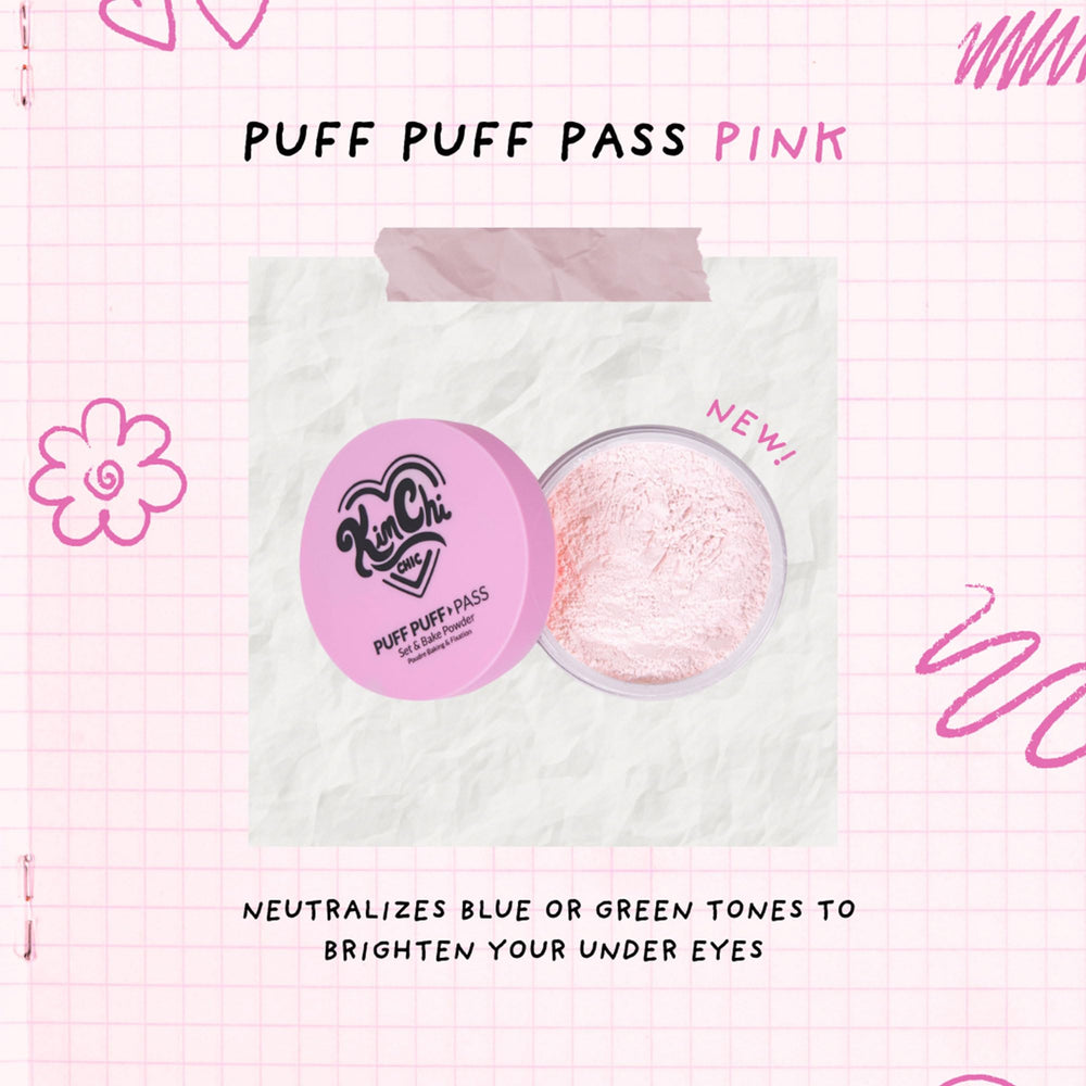 Kimchi Chic Puff Puff Pass pink translucent powder on pale skin for balance.