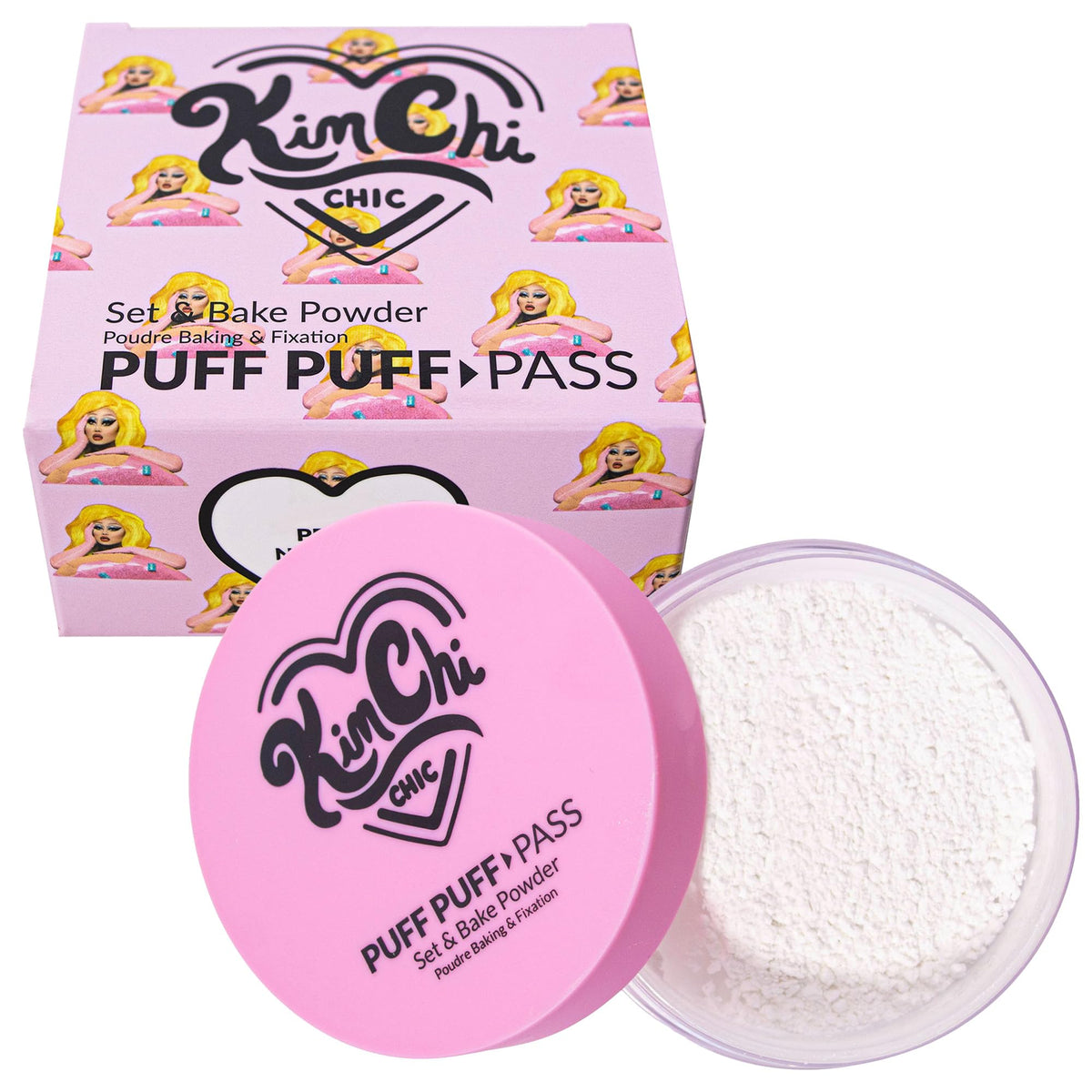 Kimchi Chic Puff Puff Pass set bottle closeup shows ivory lavender powder for balanced pale skin.