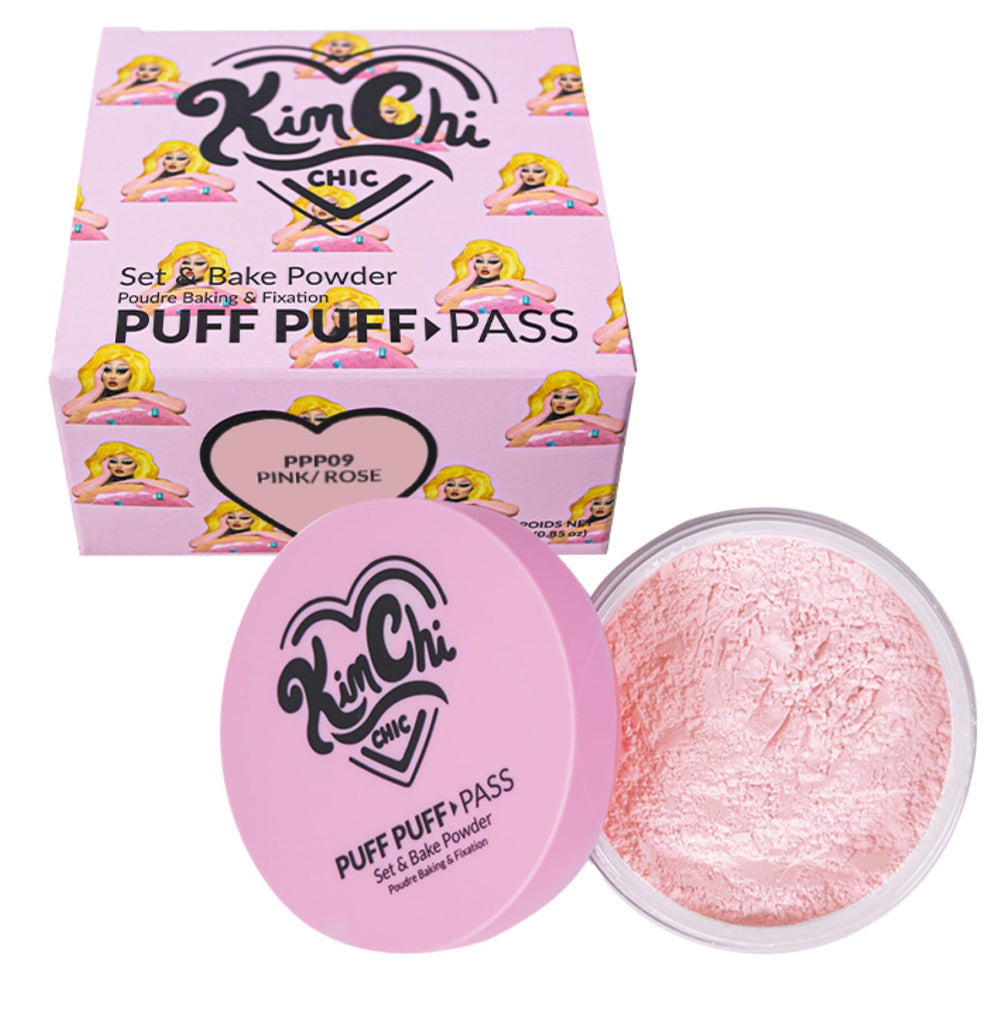 Kimchi Chic Puff Puff Pass setting powder jar closeup highlights pink translucent powder for a matte finish.