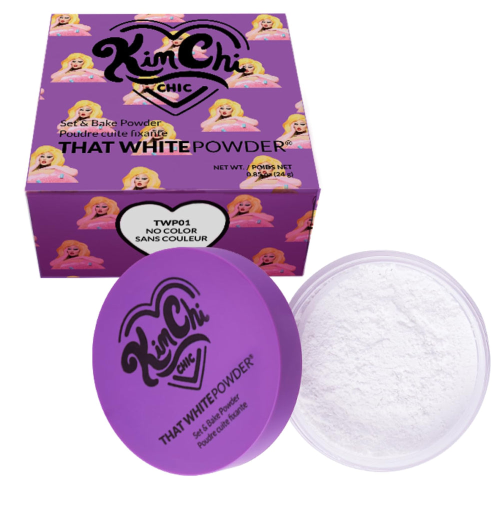 Kimchi Chic WhitePowder Set packaging highlights vegan formula for clean makeup.