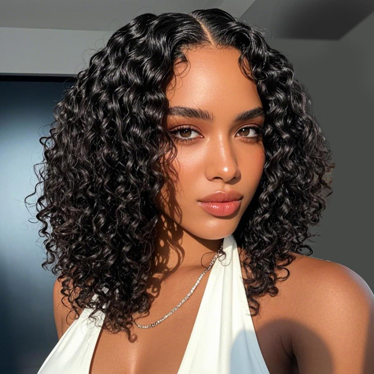 Kimosahair curly bob wig 14in front view shows natural hairline for daily wear.