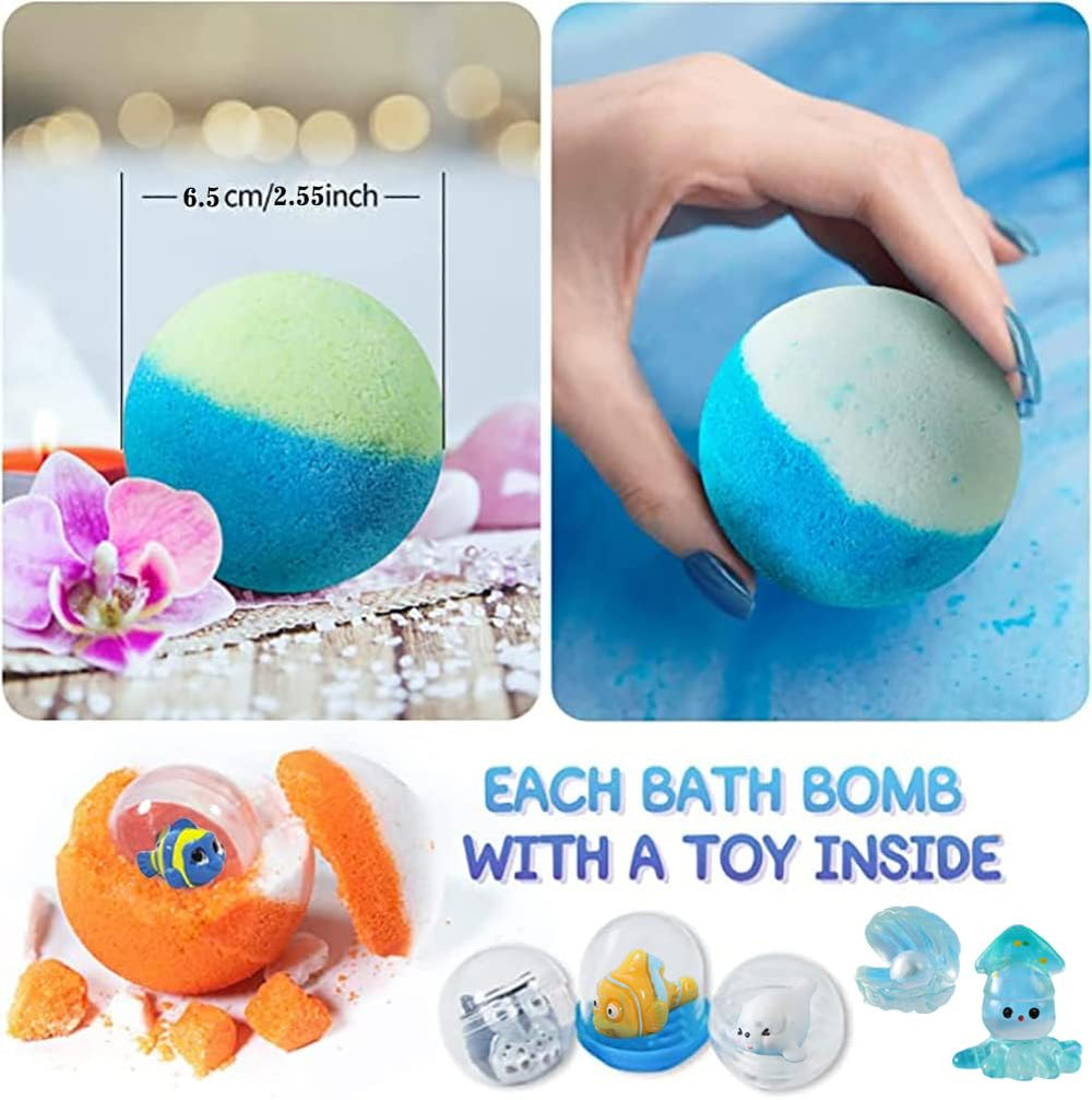 Kims Cosiart bath bombs fizz in water revealing ocean animal surprises.
