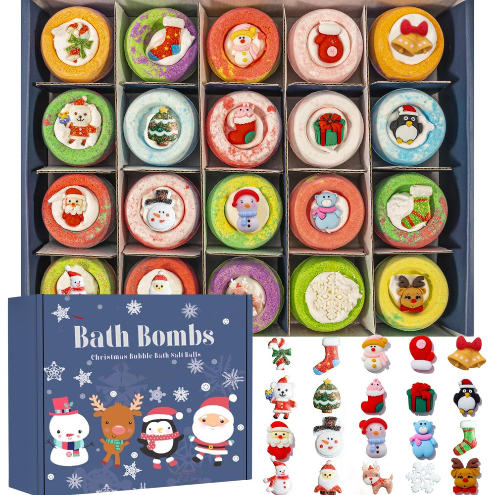 Kims Cosiart Christmas bath bombs gift set with festive shapes and moisturizing bubbles.