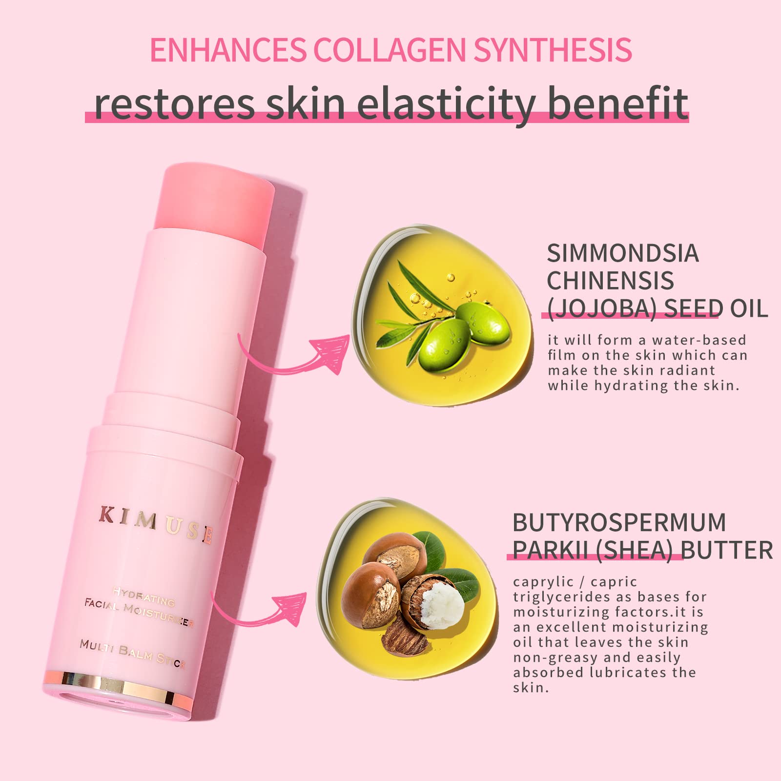 KIMUSE Hydrating Multi Balm Stick ingredients: jojoba seed oil and shea butter nourish skin.