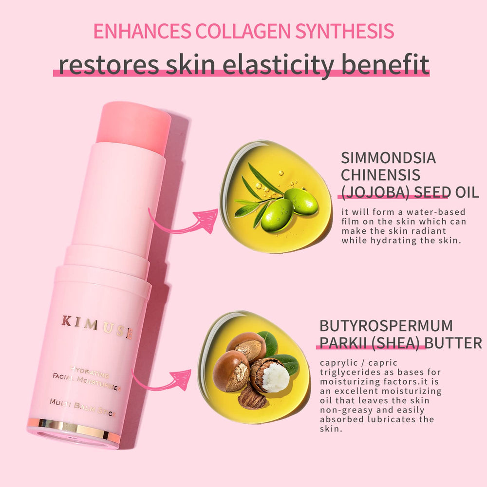 KIMUSE Hydrating Multi Balm Stick ingredients: jojoba seed oil and shea butter nourish skin.