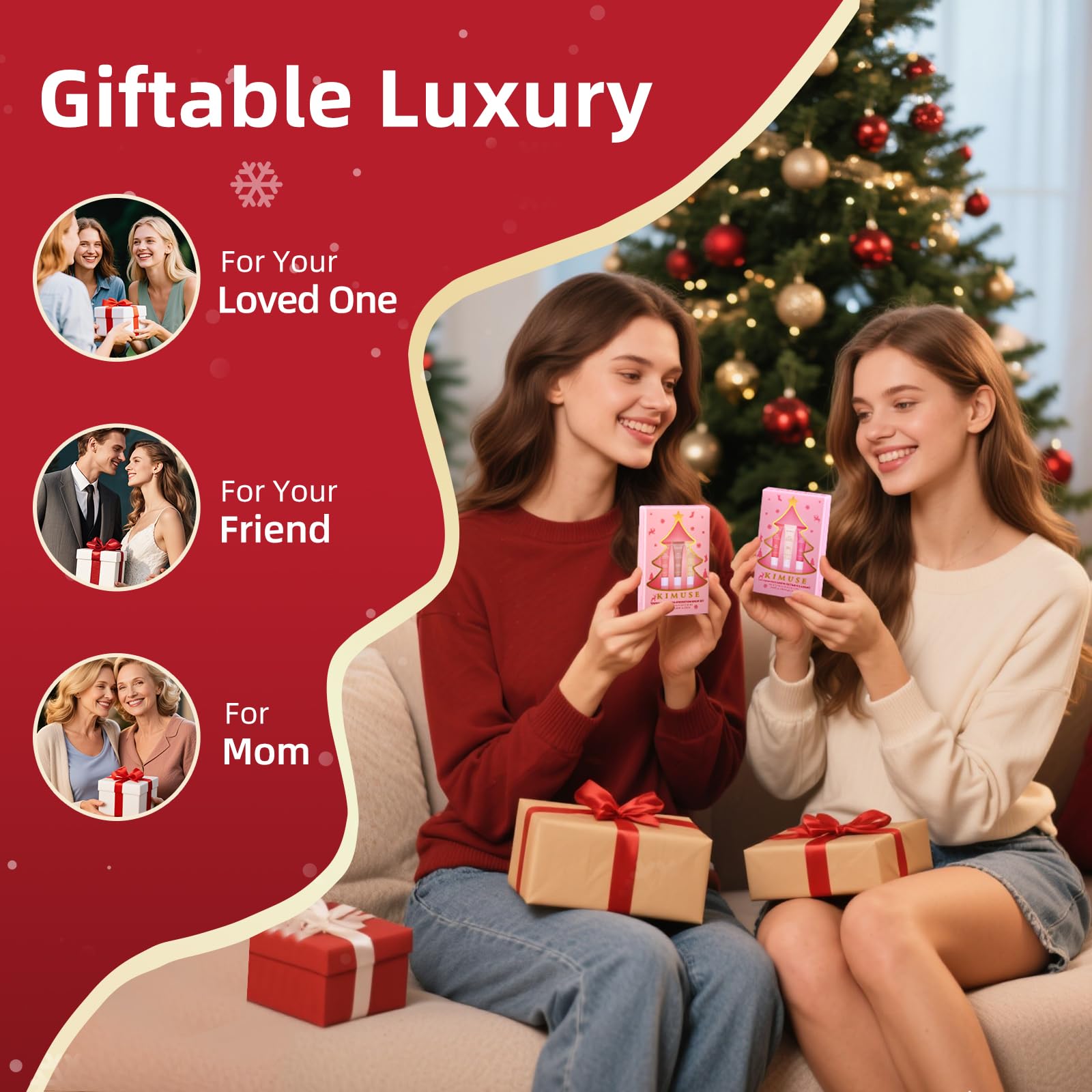 KIMUSE six-flavor display with gift-ready packaging for self-care gifts.