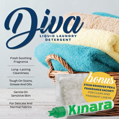 Kinara Tyler Diva Wash bottle closeup—gentle formula for delicate fabrics.