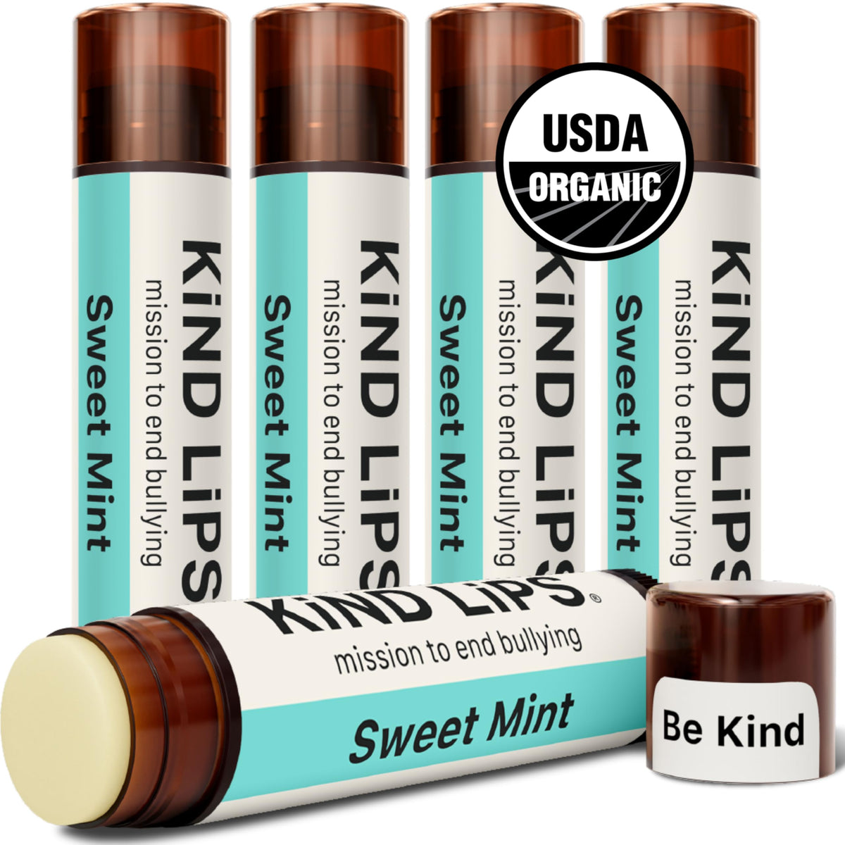 Kind Lips Sweet Mint lip balm 5-pack tubes provide lasting hydration for dry lips.