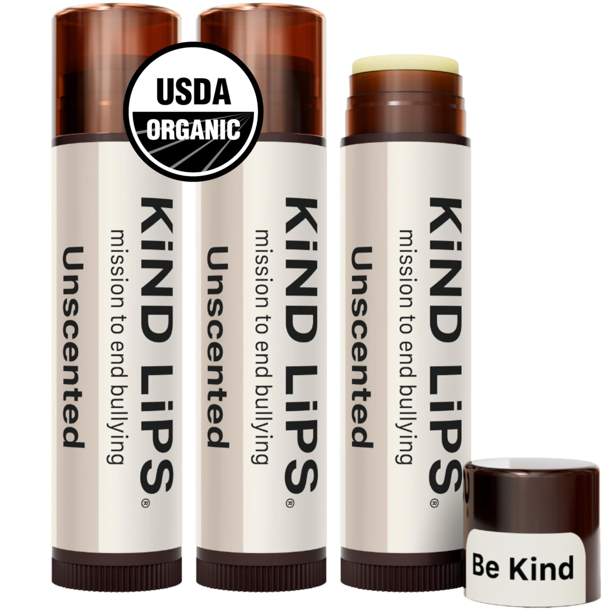 Kind Lips unscented lip balm 3-pack front view offers fragrance-free hydration.