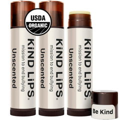 Kind Lips unscented lip balm 3-pack front view offers fragrance-free hydration.
