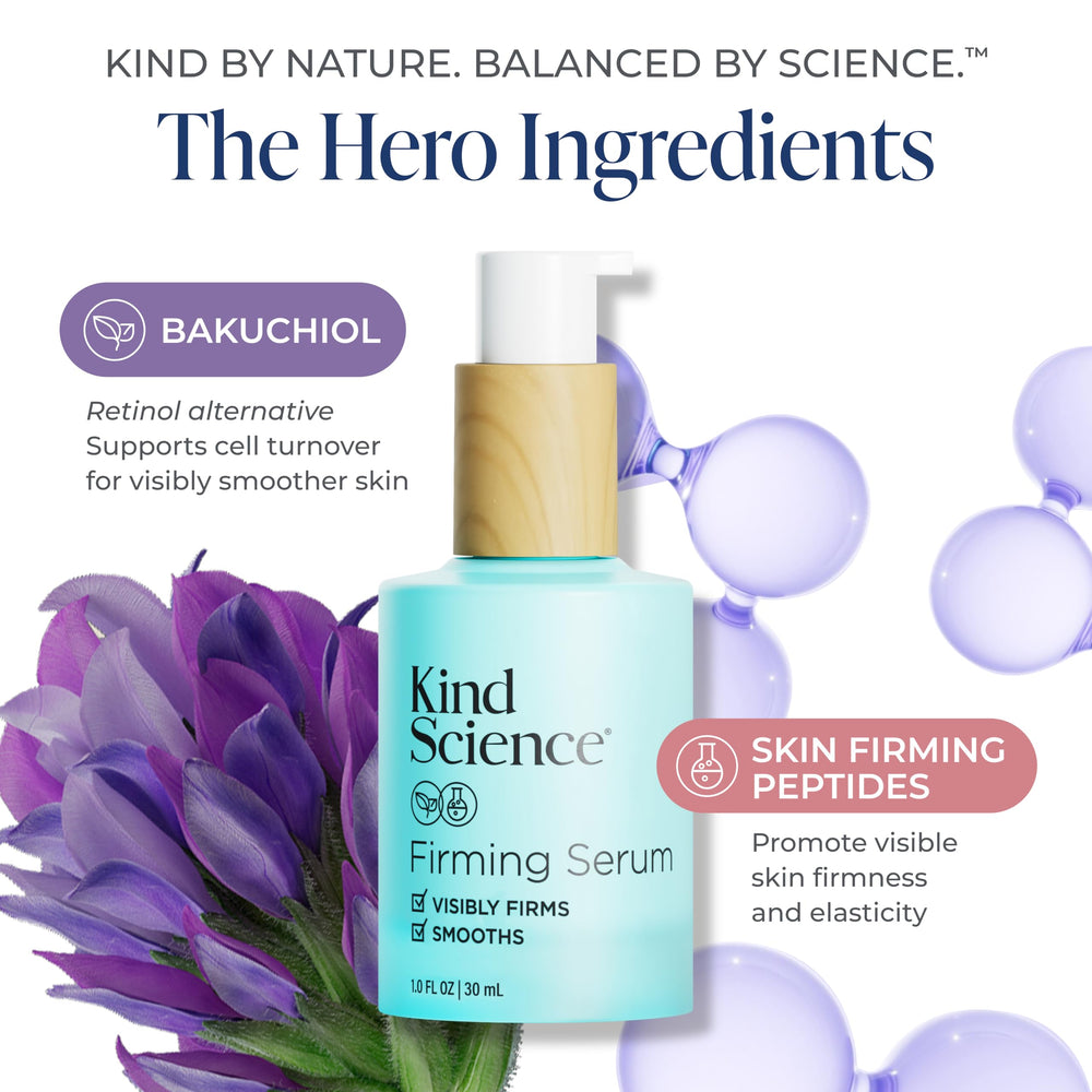 Kind Science bakuchiol ingredient closeup showcases natural retinol alternative for smoother wrinkles.