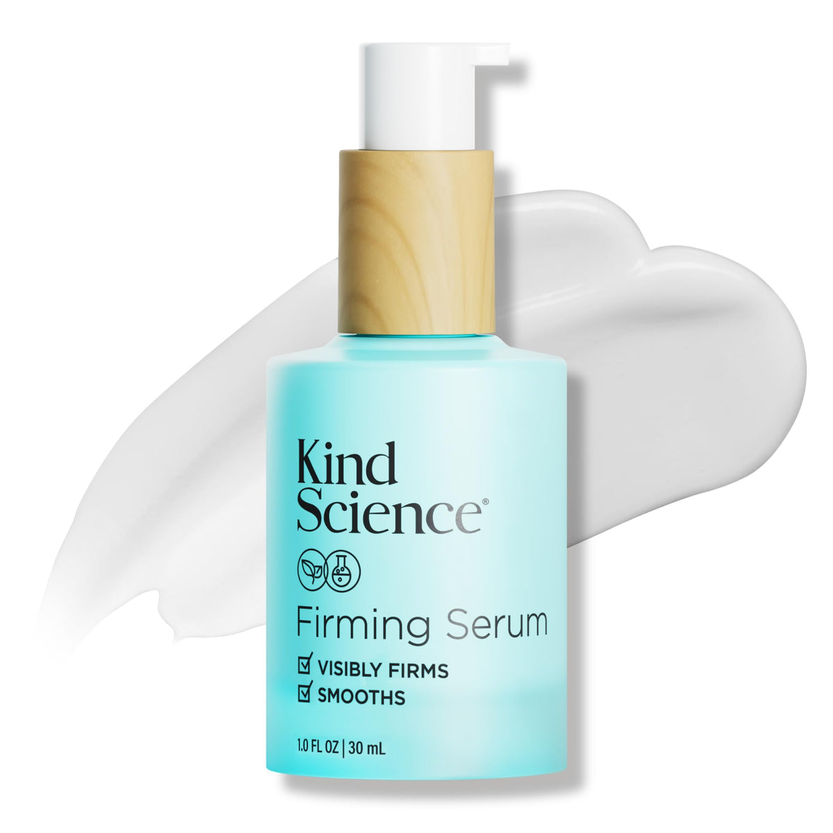 Kind Science firming face serum bottle highlights anti-aging care for firmer skin.