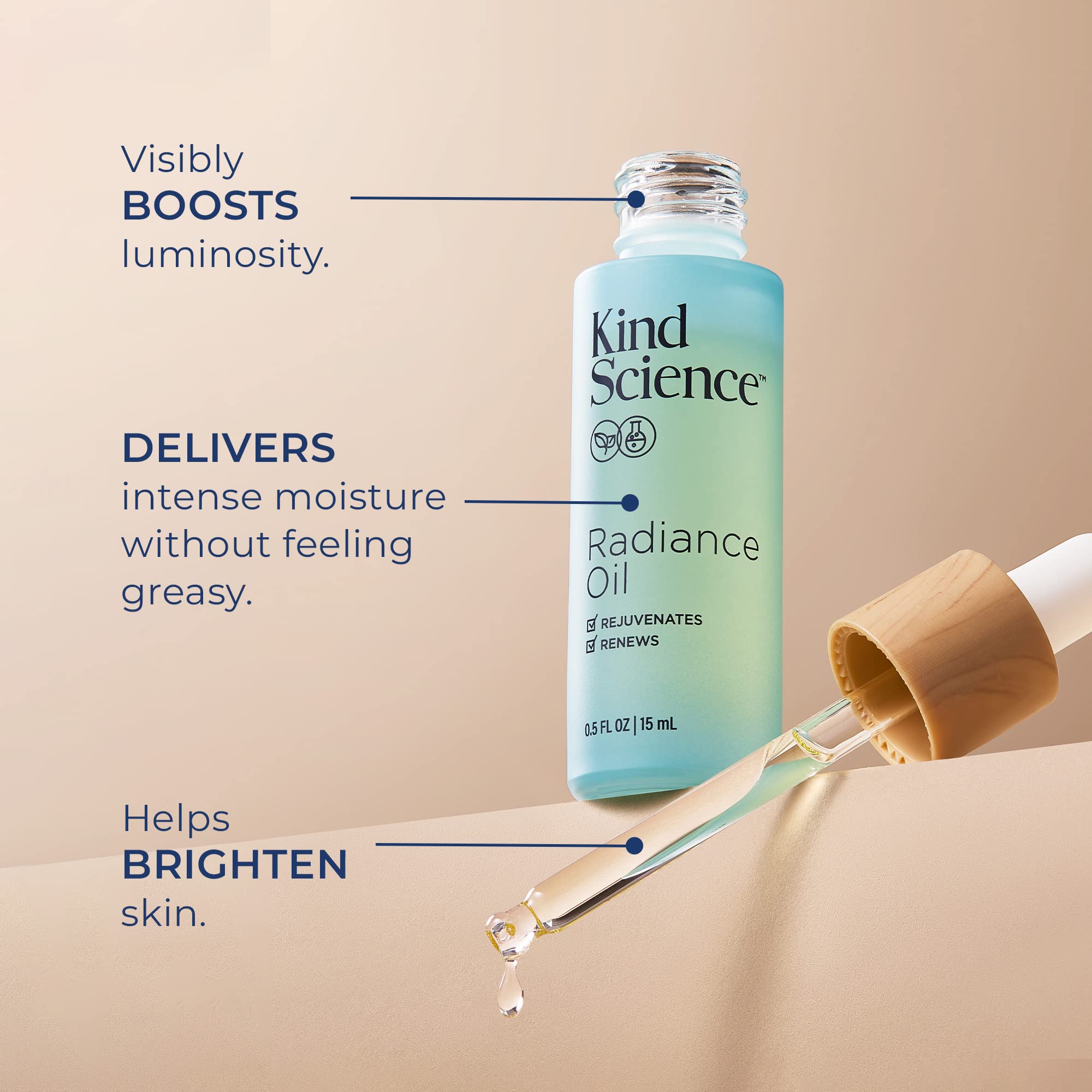 Kind Science Radiance Oil dropper releases a few drops for easy nightly skincare.