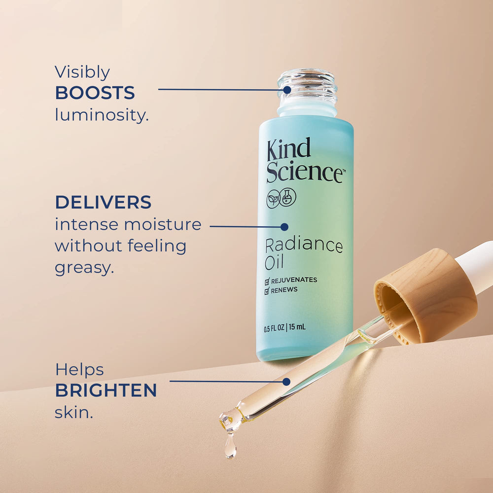 Kind Science Radiance Oil dropper releases a few drops for easy nightly skincare.