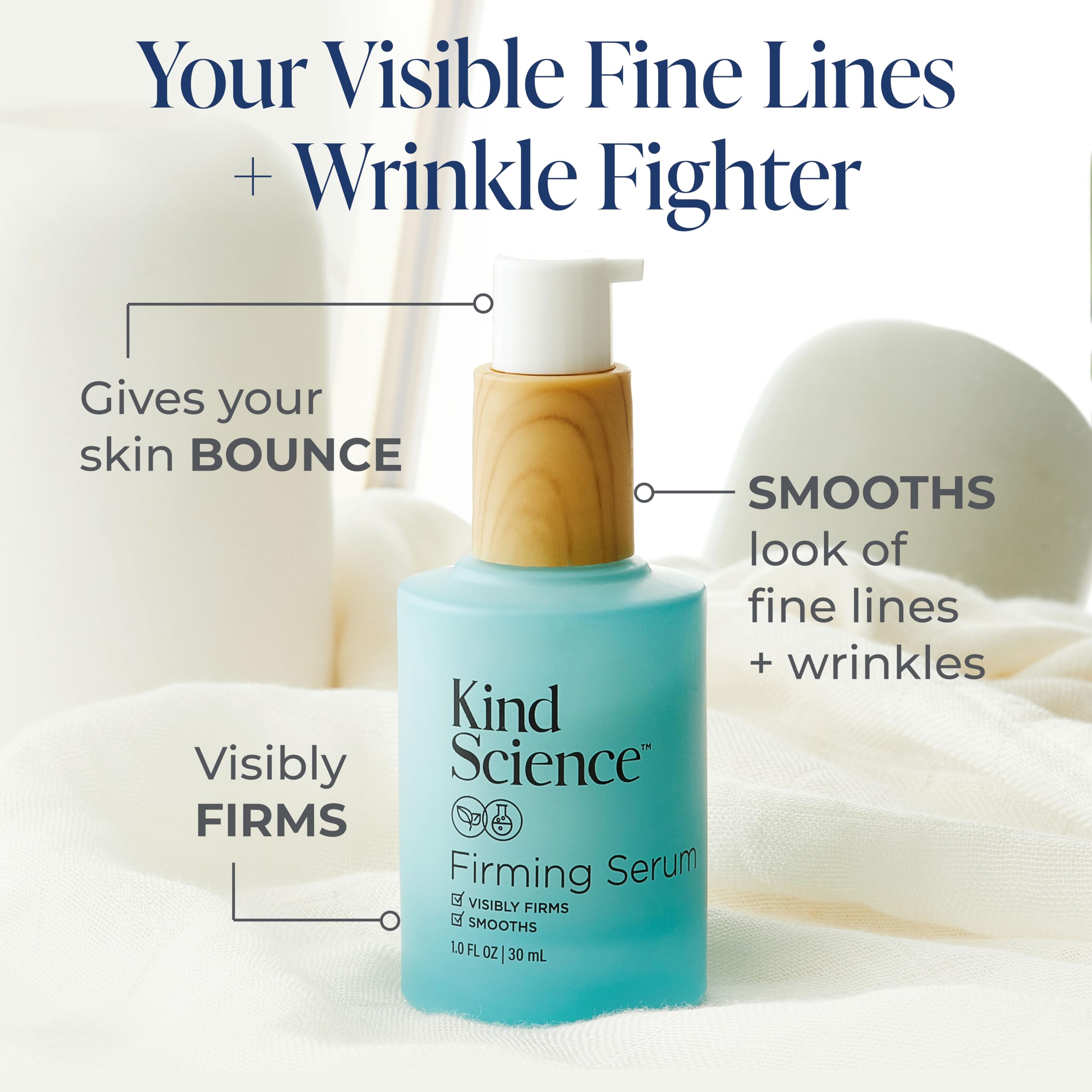 Kind Science serum texture closeup reveals a hydrating formula for plump skin.