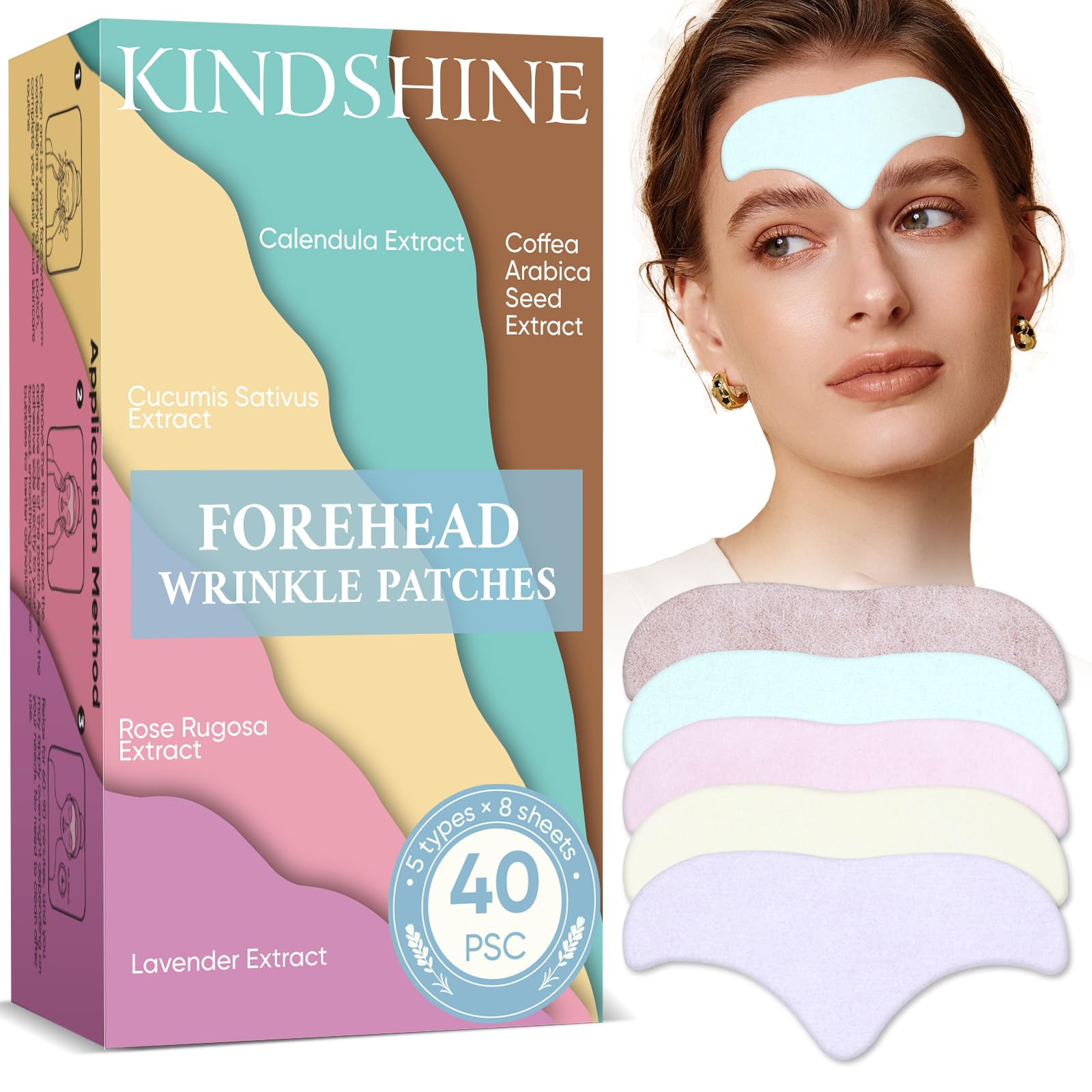 Kindshine forehead patches packaging showing 40-piece value pack for at-home anti-wrinkle care