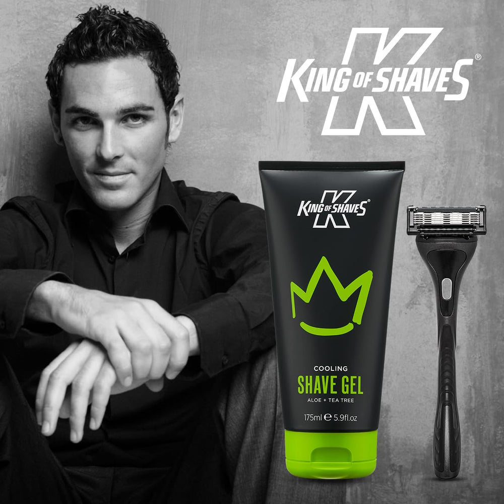 King of Shaves ingredients close-up showing tea tree and aloe for refreshing, calm skin.