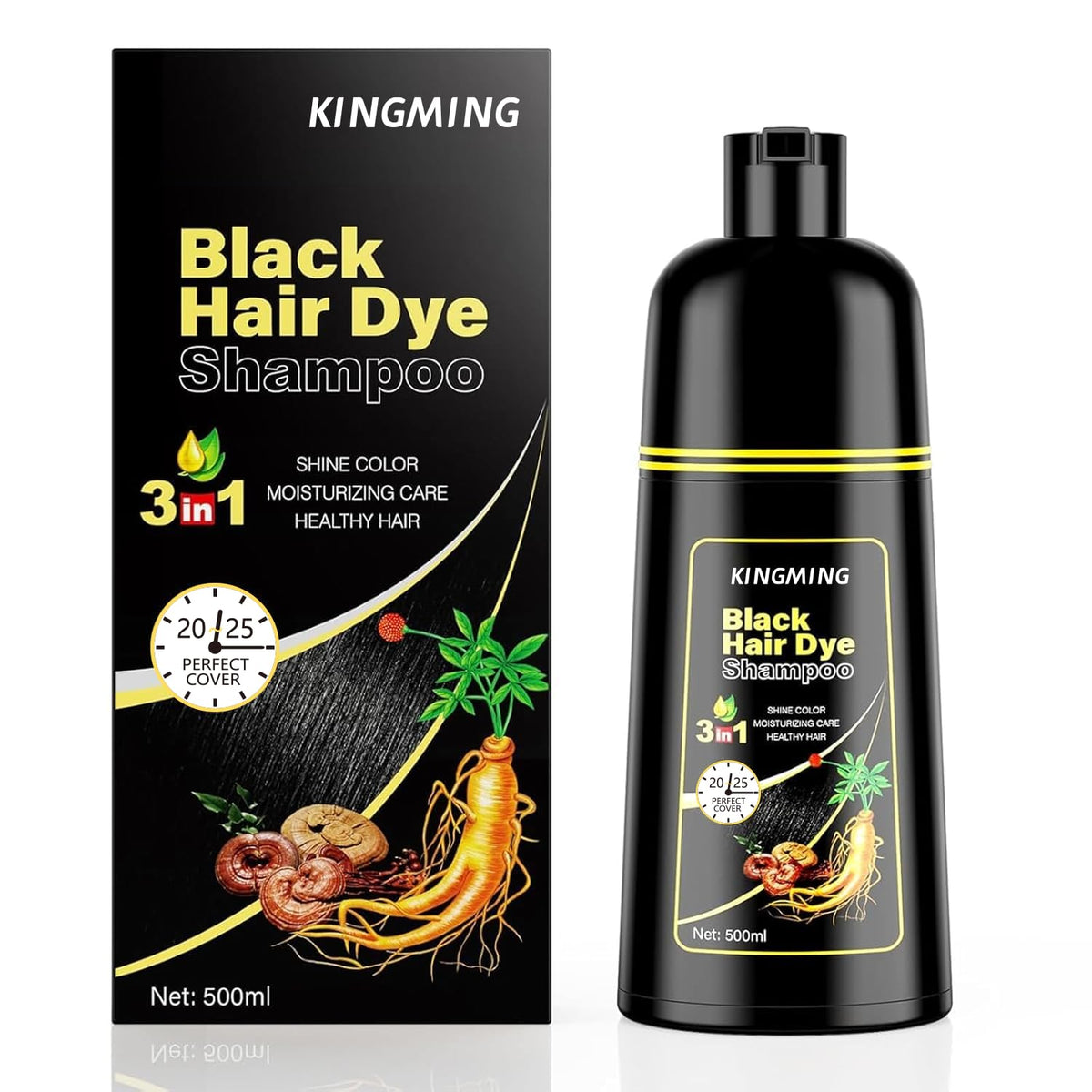 Kingming Black Hair Dye Shampoo bottle for convenient gray hair coverage at home.