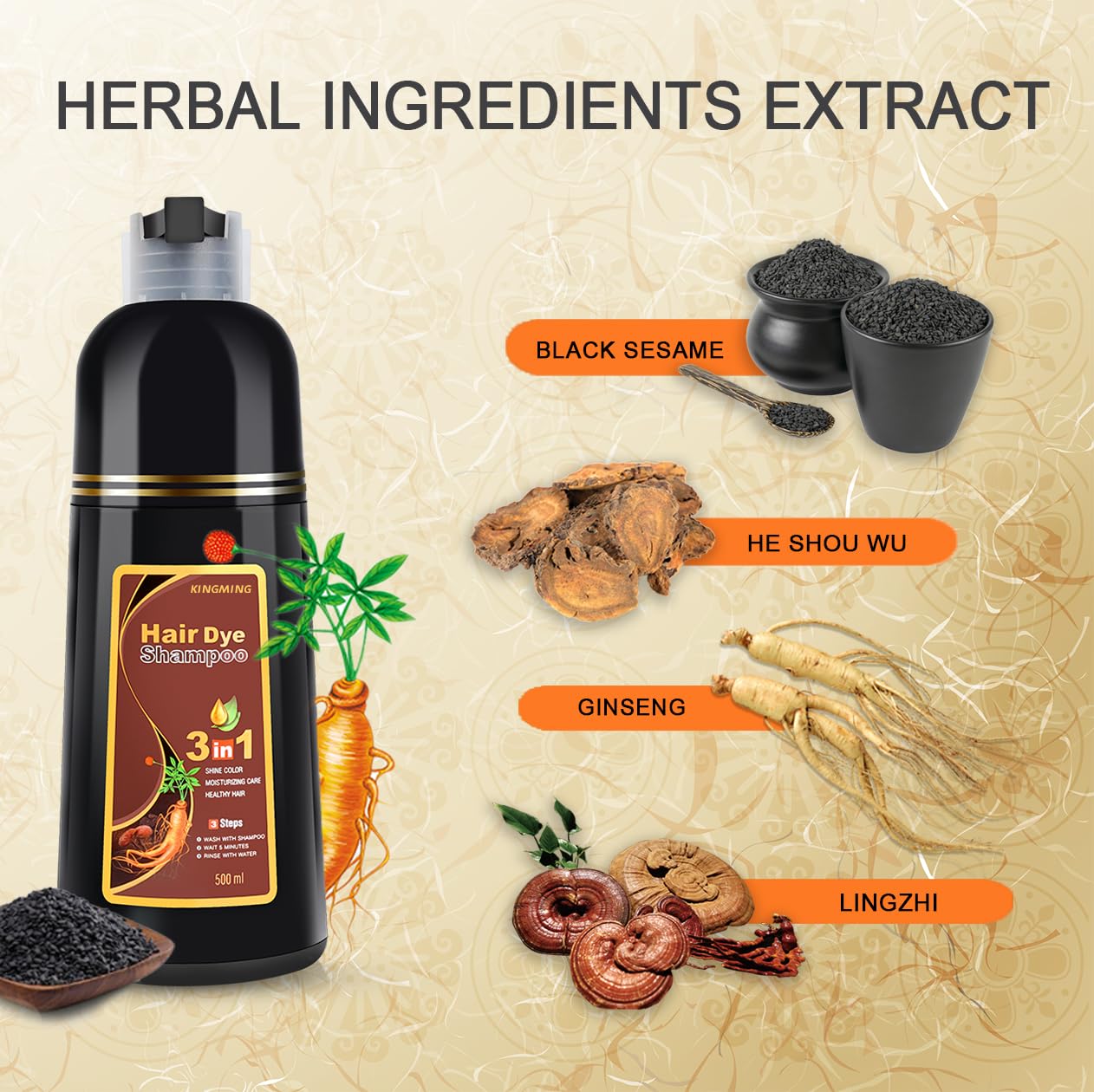 KINGMING-dark-brown-shampoo-500ml-bottle highlights generous size for multiple applications.
