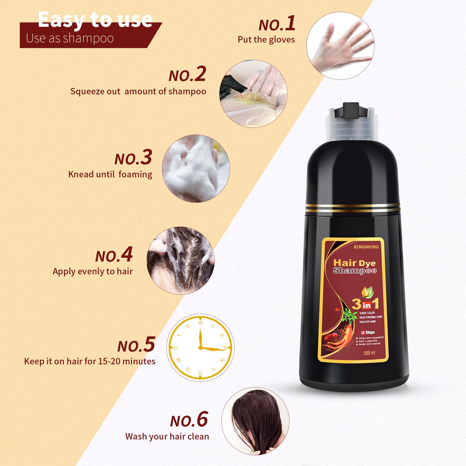 KINGMING-dark-brown-shampoo-packaging-front conveys 500ml value and easy storage.