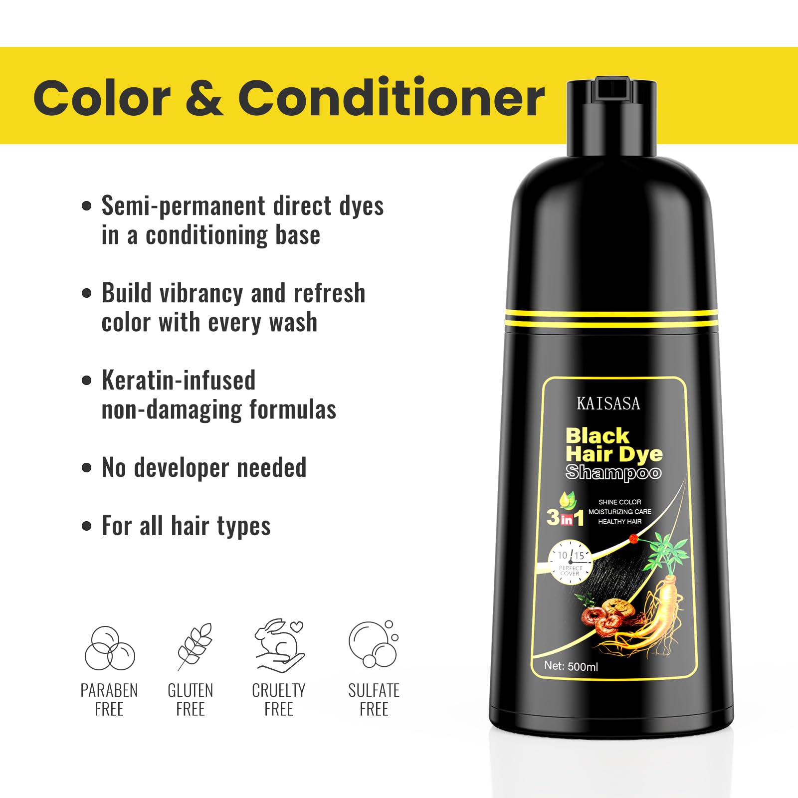 Kingming Gray hair coverage result highlights a natural-looking black shade after use.
