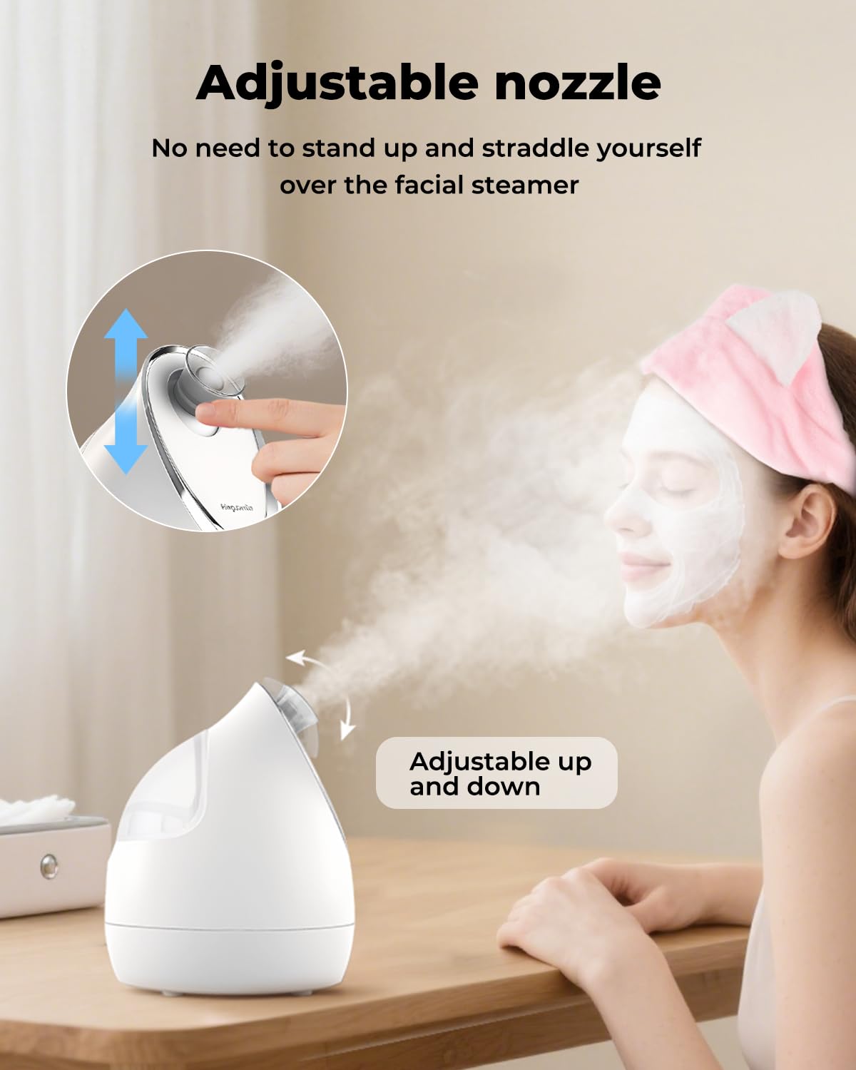 Kingsmile adjustable nozzle steamer for precise facial steam directions.