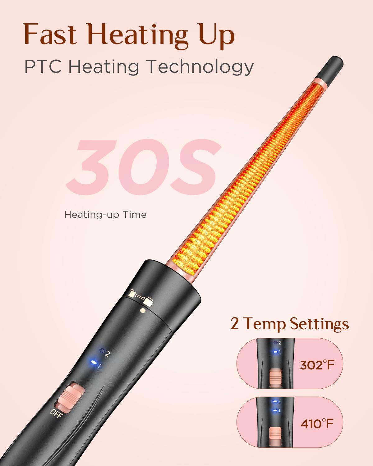 Kinked 1.25in curling barrel close-up for bold, voluminous curls.