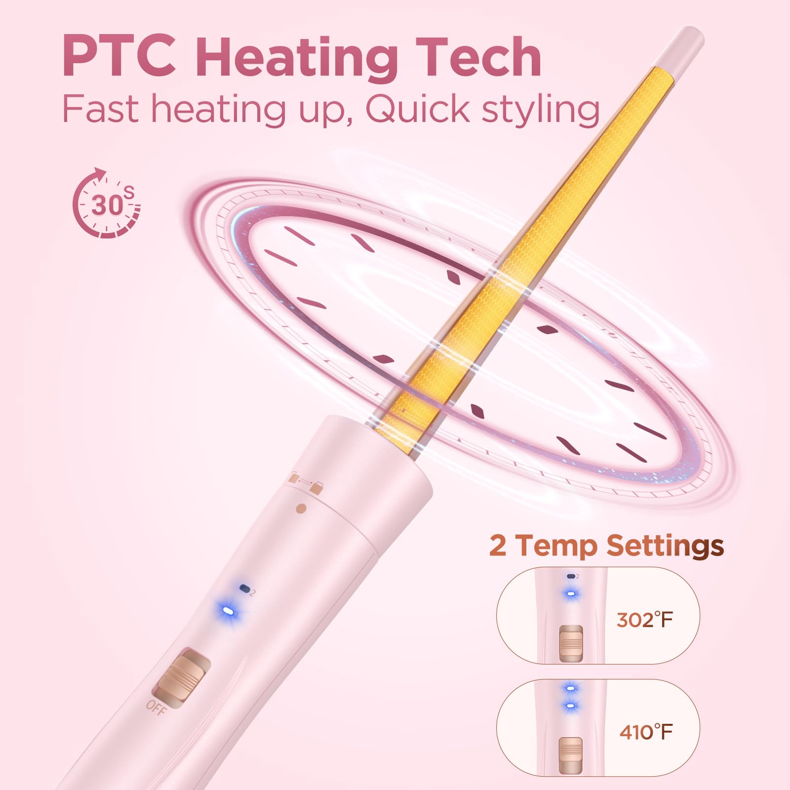 Kinked 5-in-1 wand dual-voltage travel feature shown for worldwide use