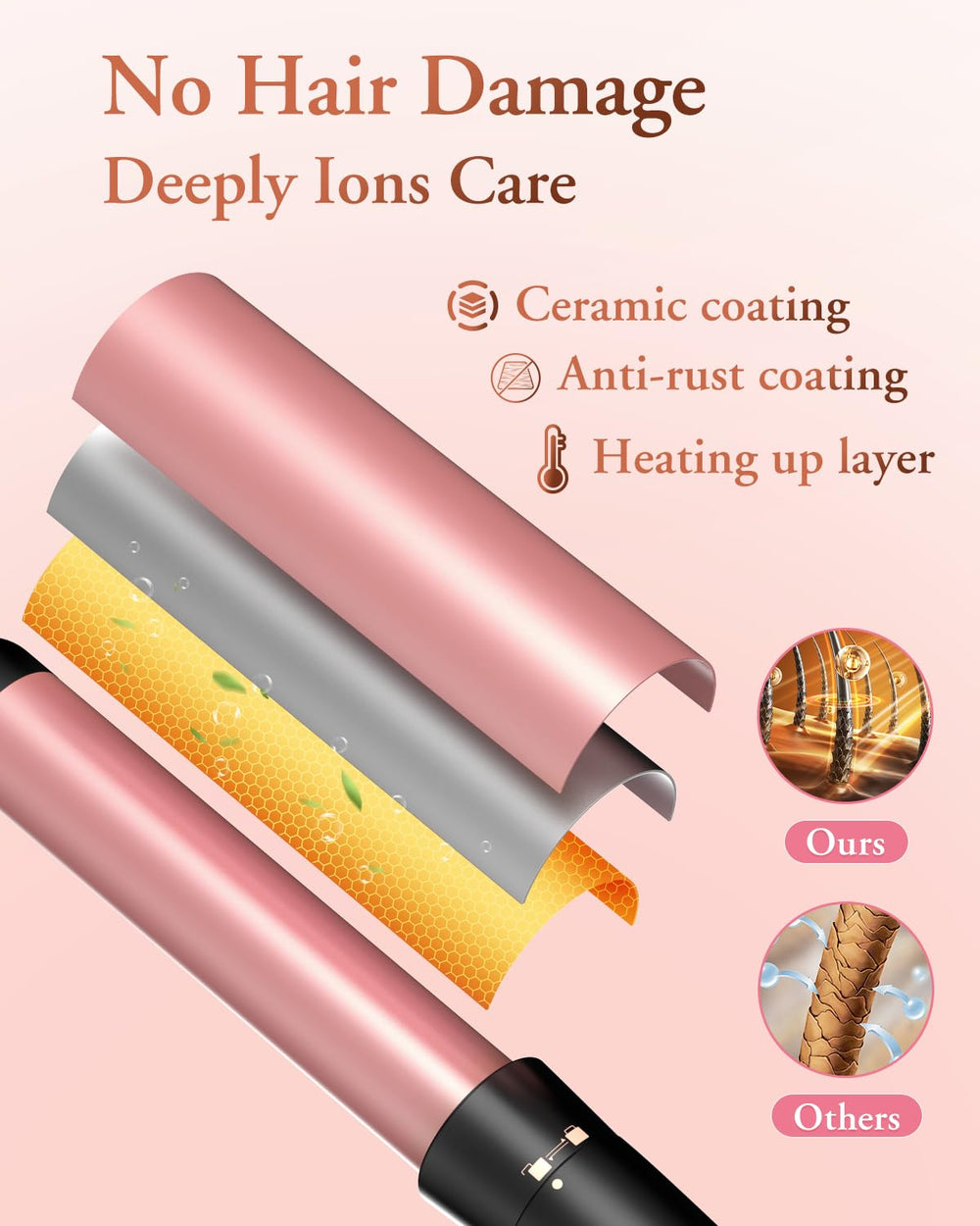 Kinked tapered curling wand close-up for sleek, defined curls.