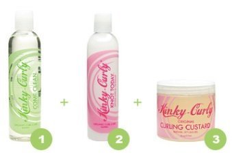 Kinky Curly Combo Come Clean bottle with Knot Today detangler and Curling Custard for detangling and curl definition.