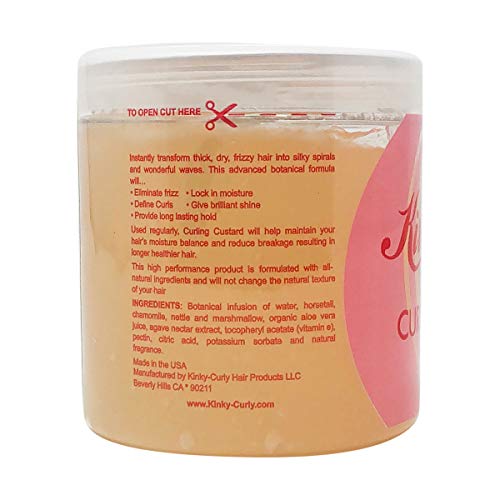 Kinky Curly Curl Custard Gel label close-up showing natural ingredients for moisture.