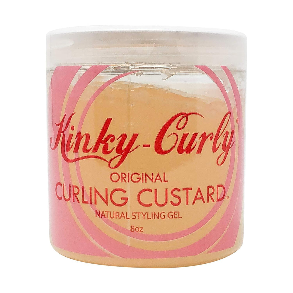 Kinky Curly Original Curling Custard 8oz jar back label highlights natural hold potential.