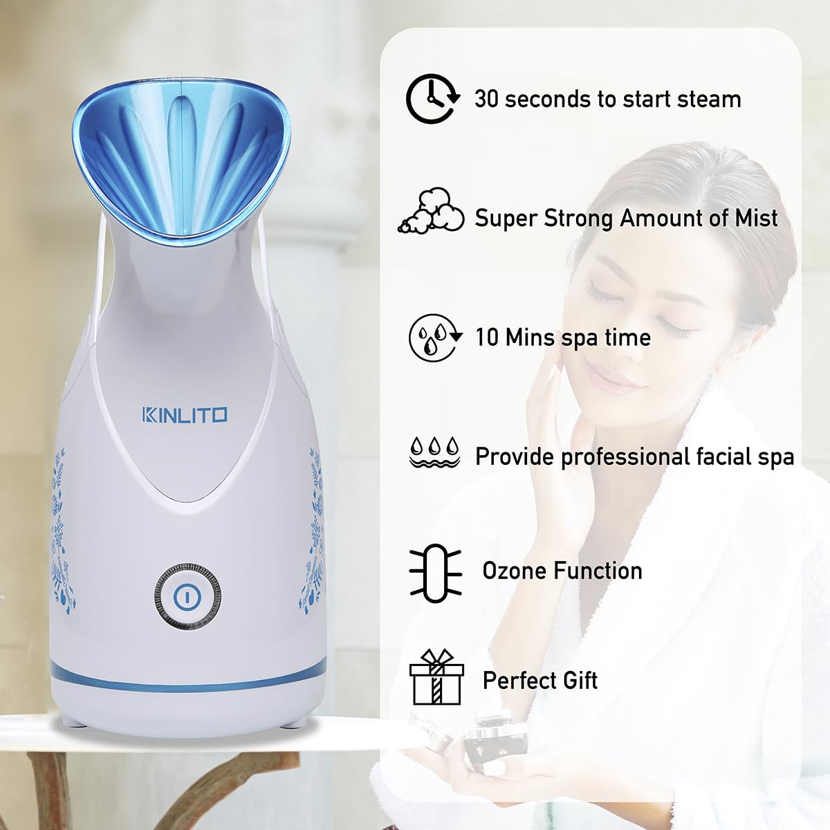 KINLITO facial steamer blackhead remover kit in-use for post-steam cleansing