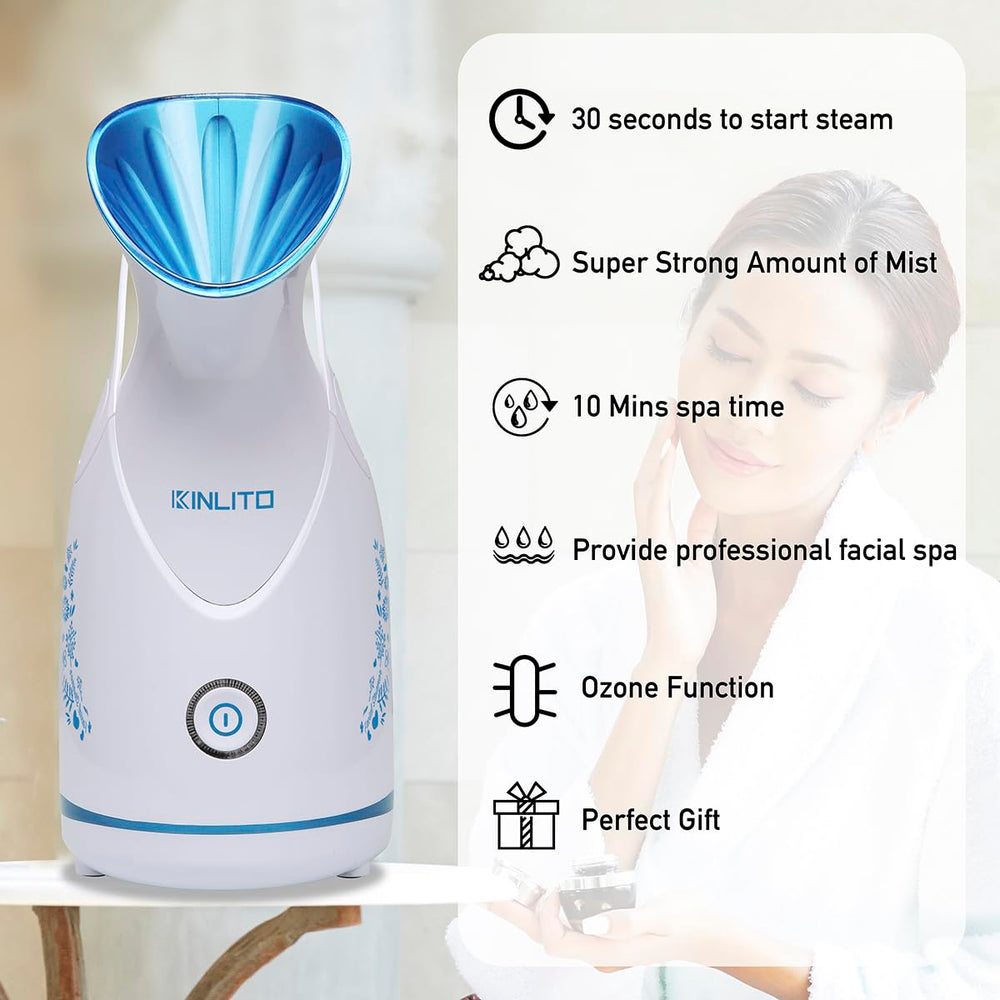 KINLITO facial steamer blackhead remover kit in-use for post-steam cleansing