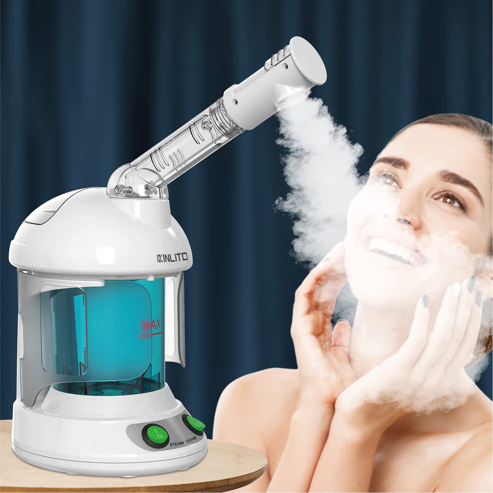 KINLITO facial steamer with 360° arm enables hands-free at-home spa sessions.