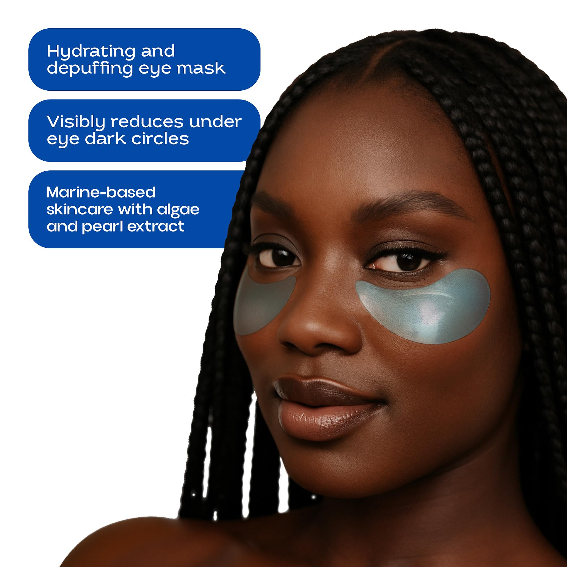 KINPUR blue eye patches depuff with caffeine for refreshed eyes.