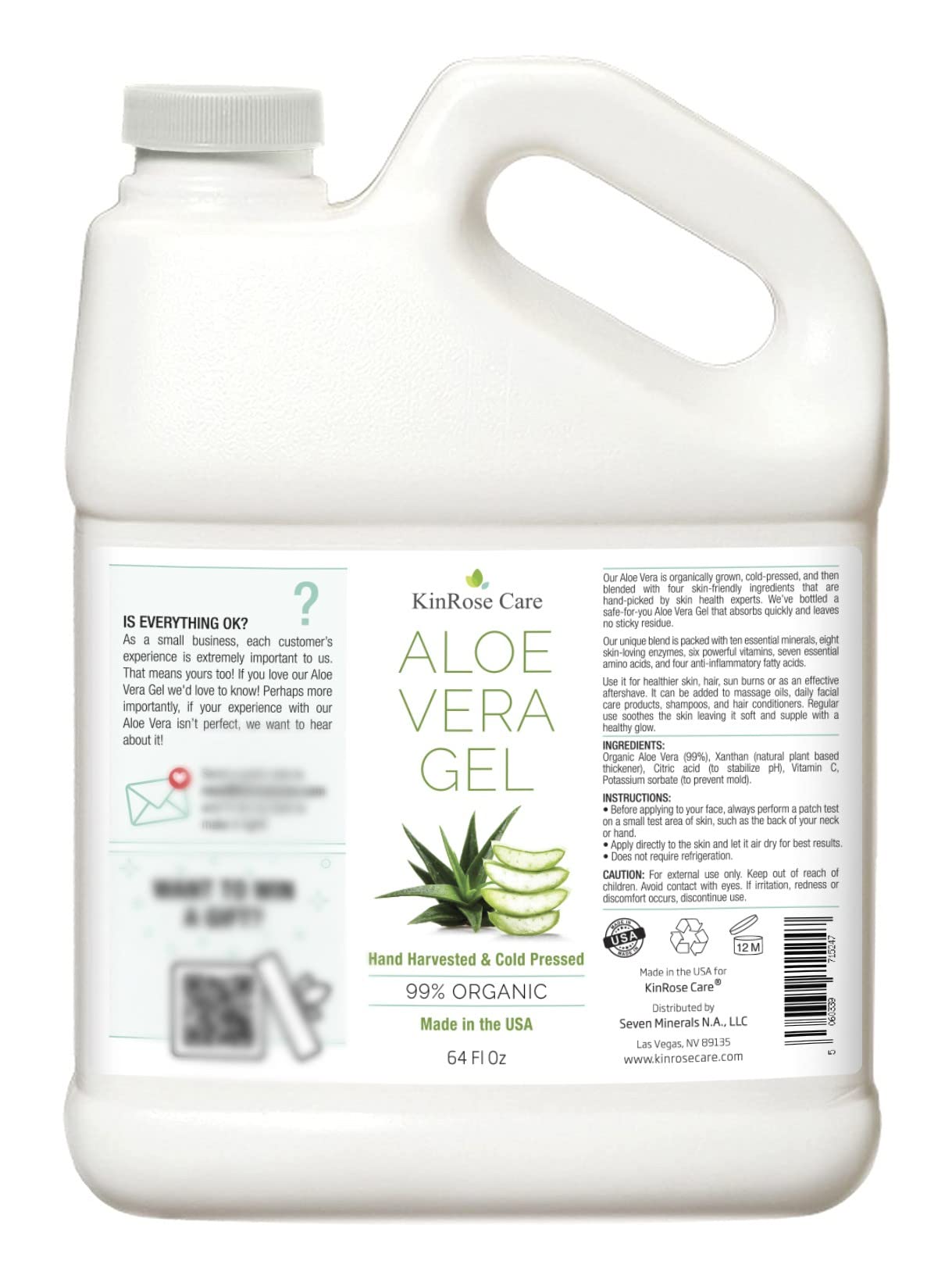 KinRose Care USA-made label signals high-quality vegan unscented aloe gel.