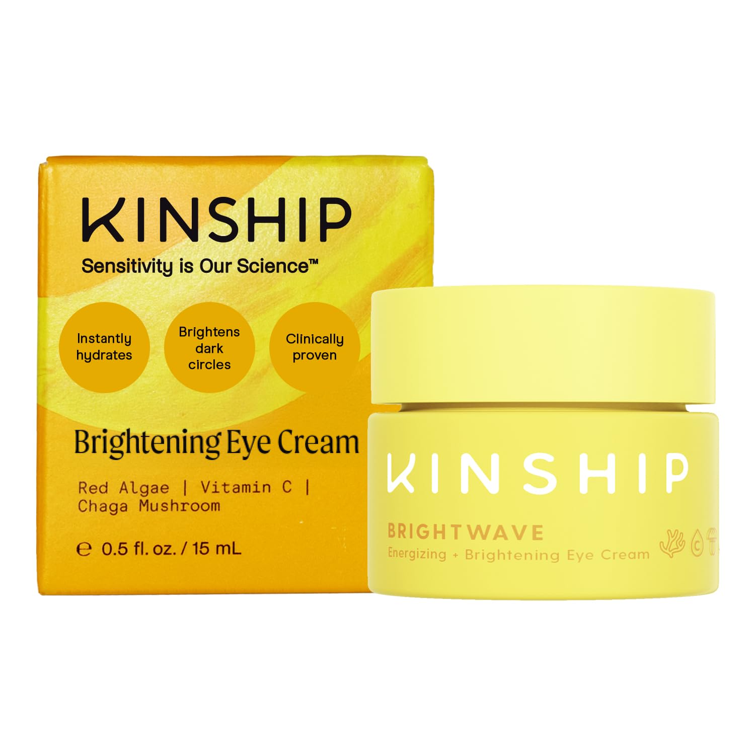 Kinship Brightwave cream bottle shows fragrance-free eye treatment with gentle hydration.