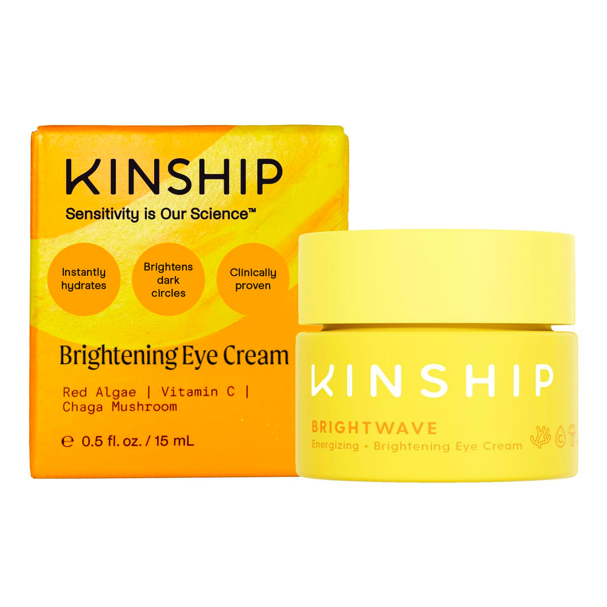 Kinship Brightwave cream bottle shows fragrance-free eye treatment with gentle hydration.