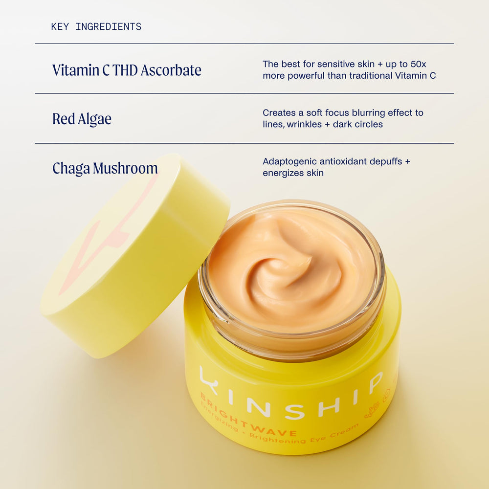 Kinship Brightwave under-eye application demonstrates gentle puffiness support.