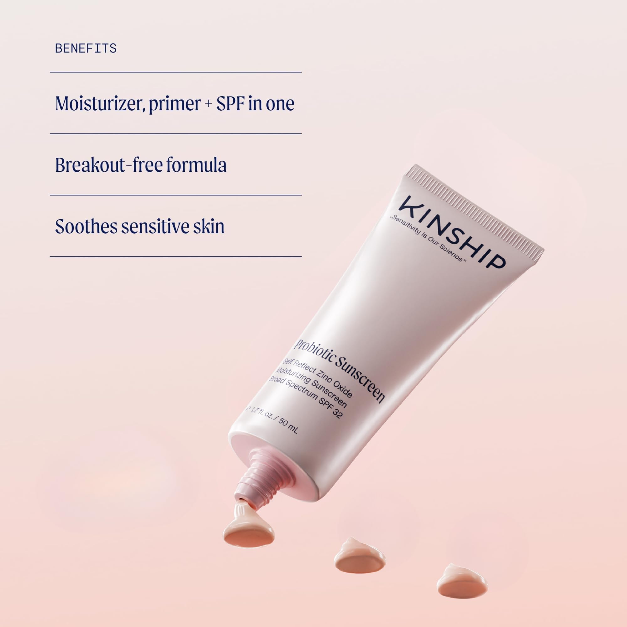 Kinship Self Reflect SPF32 application on cheek demonstrates smooth, blendable mineral sunscreen.