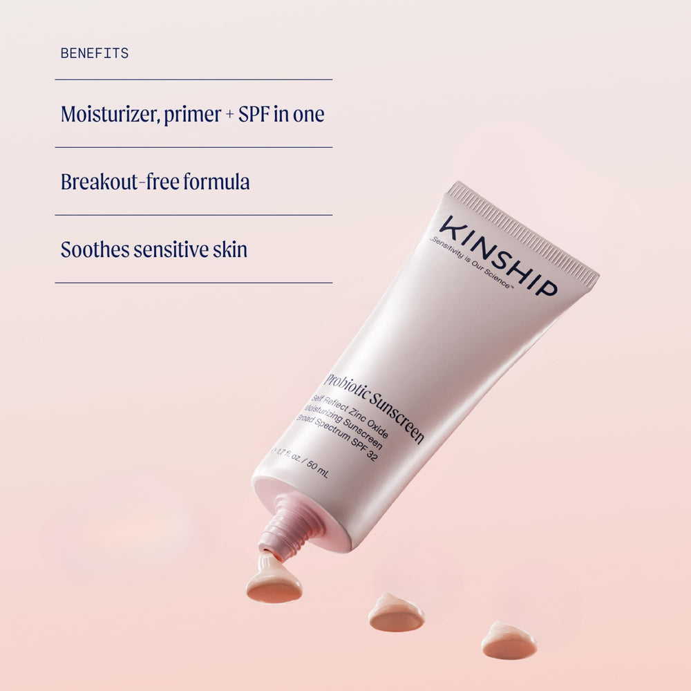 Kinship Self Reflect SPF32 application on cheek demonstrates smooth, blendable mineral sunscreen.