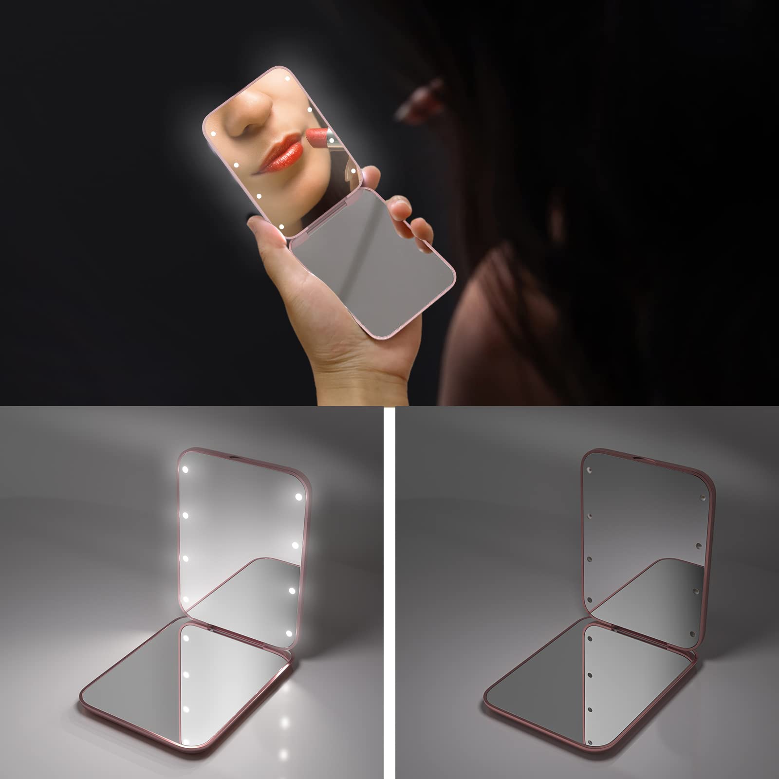 Kintion LED pocket mirror rose gold with bright lighting for precise application