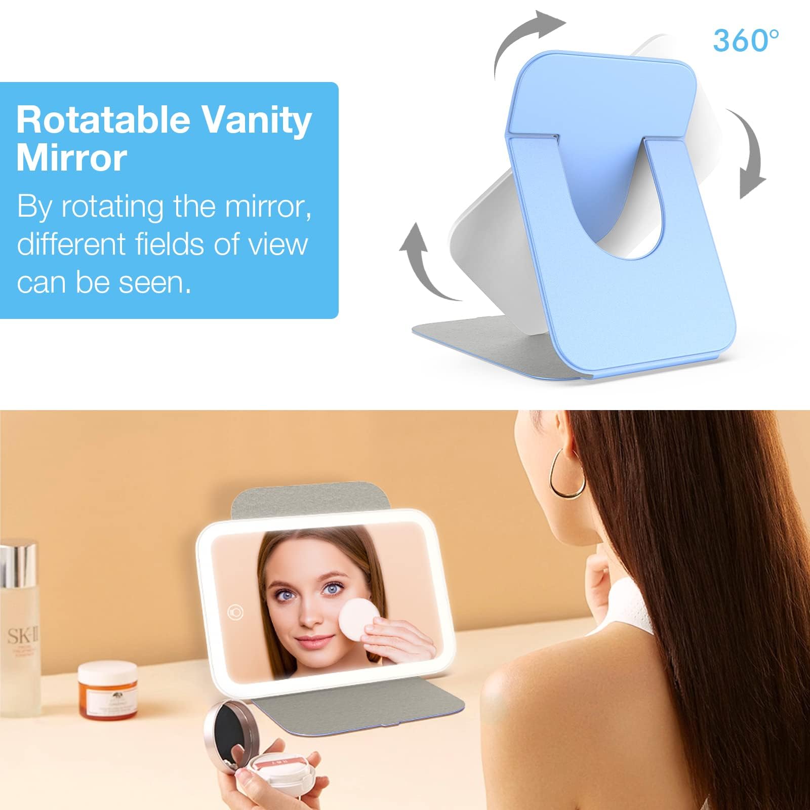 Kintion rechargeable travel mirror powers on the go with built-in battery.