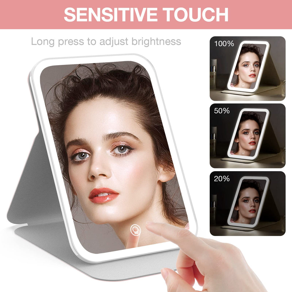 Kintion travel makeup mirror touch-dimming controls enable easy brightness adjustments.
