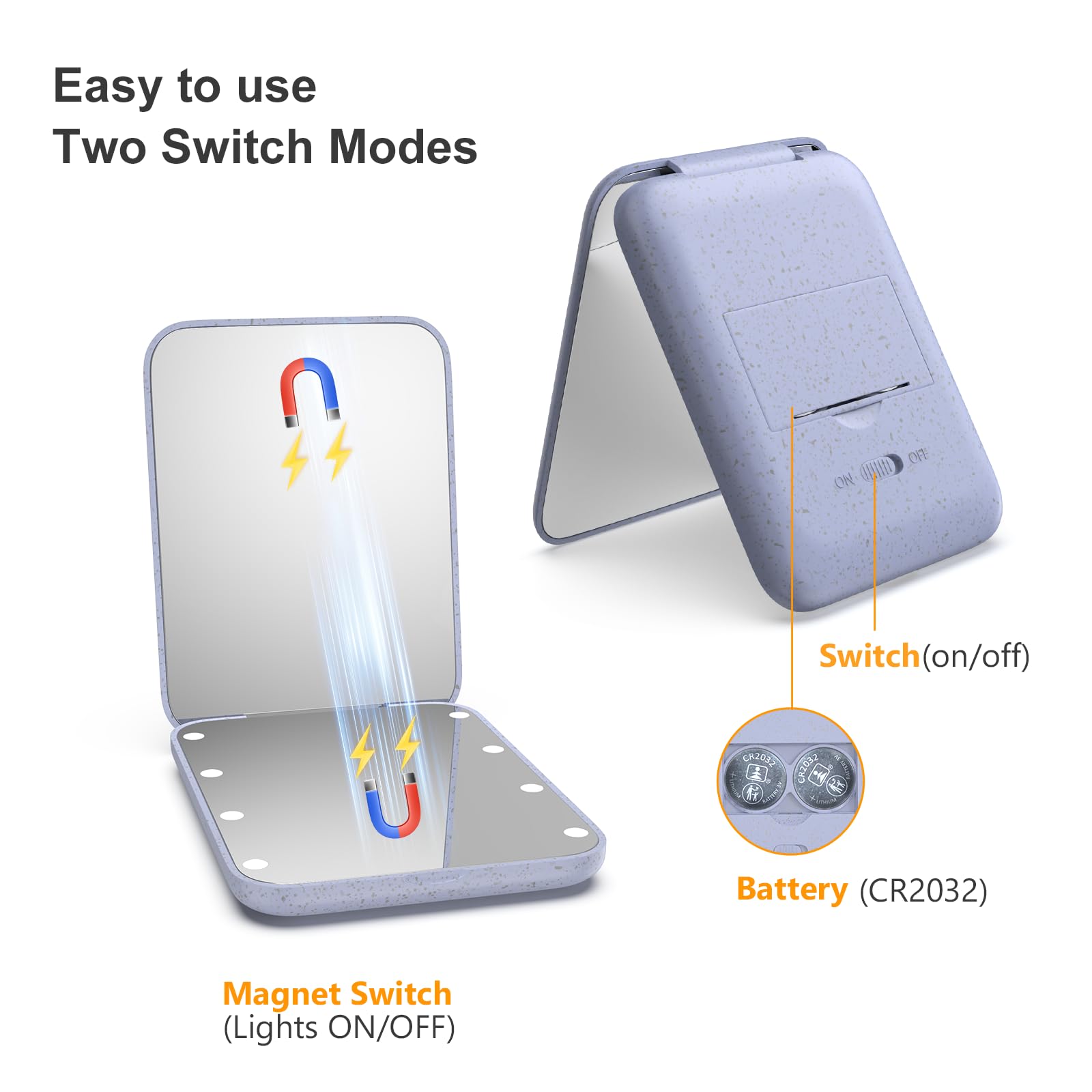 Kintion Wheat Straw Pocket Mirror, soft LED light with three color temperatures for true color makeup.
