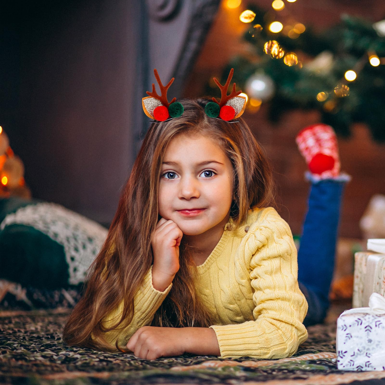 KINYFY Christmas hair clip wearable-demo on model demonstrates easy party styling.