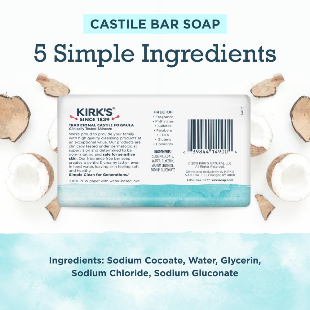 Kirk's Castile fragrance-free 6-pack packaging shot highlighting value